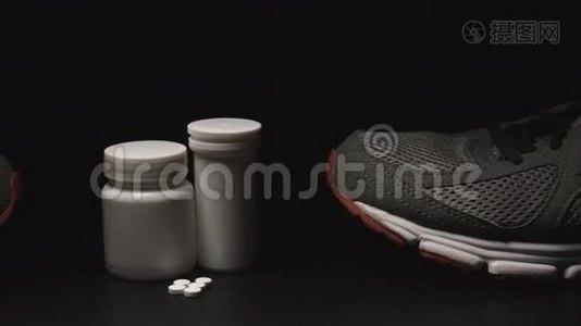 塑料容器，药丸和运动鞋侧视-多利射击视频