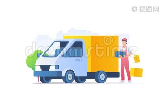 送货卡车和带箱子的人揭示-平面设计视频概念与阿尔法视频