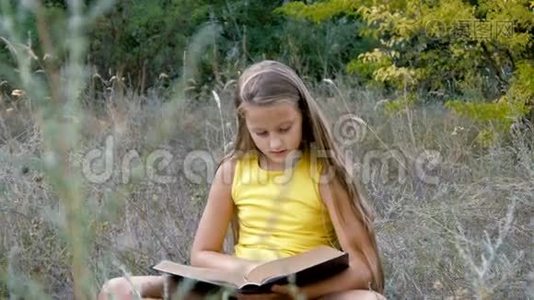 坐在草地上看书的女孩视频