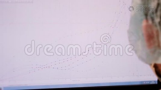 实验室屏幕上的图表。 科学家在实验完成后在屏幕上建立图形视频