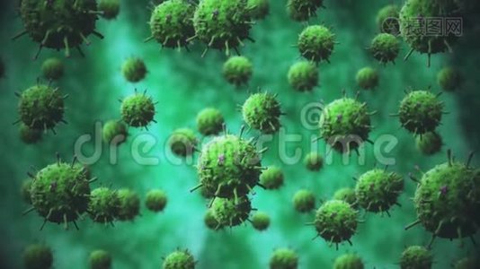 绿色细菌或covid-19病毒，细胞缓慢移动，旋转，分离，致病细胞的概念视频