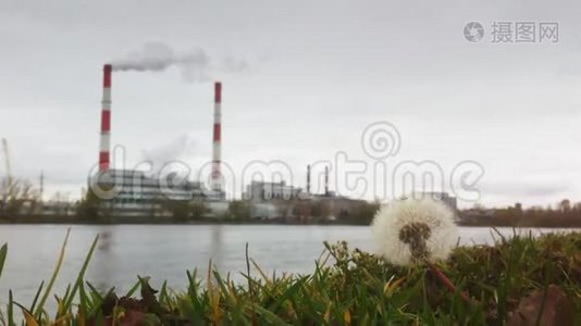 秋季工业景观-江面火力发电厂，生态理念，前景花草视频