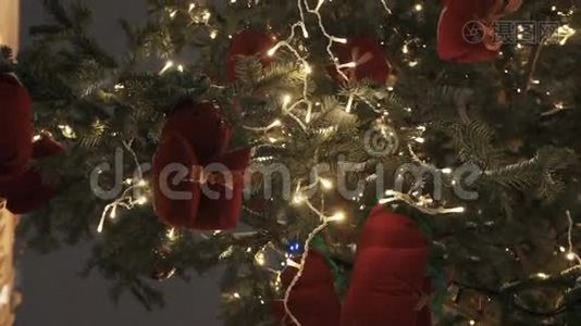 户外圣诞树上的红松鼠玩具和白光花环视频