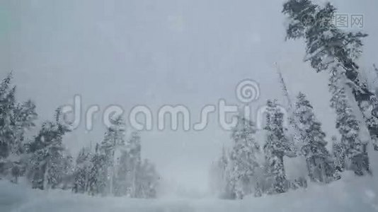 在空旷的冬季公路上行驶和下雪视频