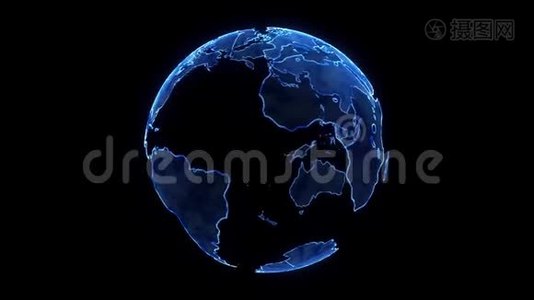 地球的数字蓝色星球。 数字地球和粒子3D动画视频