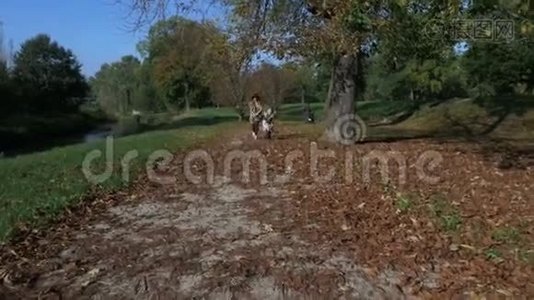 母亲和她可爱的女儿在户外的一个阳光明媚的秋日公园里带着树叶奔跑。视频