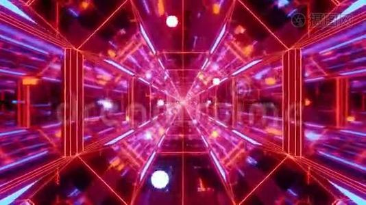 无科幻空间银河玻璃隧道走廊与飞行发光球体粒子三维插图活视频