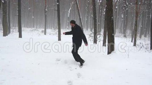 快乐的人在森林里打雪球视频
