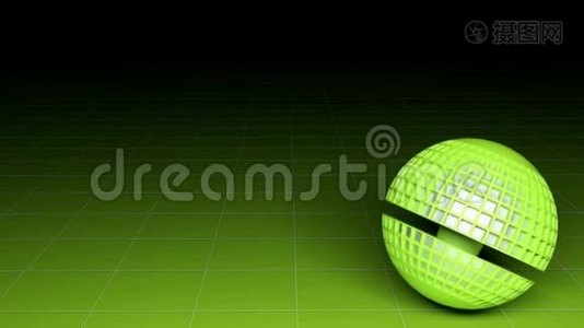 绿色球体表面有金属方块，在绿色表面上旋转，变成黑色三维渲染动画视频