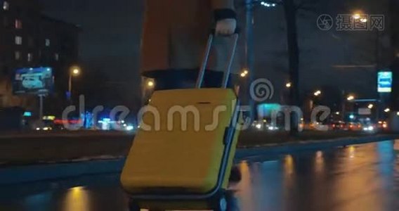女性旅行者用手推车在城市中行走视频