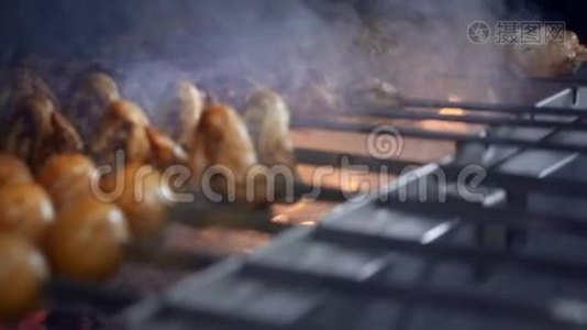 厨师在烤架上烤出多汁的烤肉串。 烧烤在烤架上。 牛肉和猪肉串视频