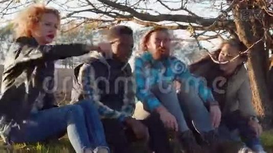 四个多种族的朋友坐在农村。视频