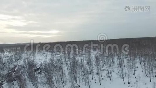 有一个美丽的冬季空中飞行过山链。 景观令人惊叹。 一片白雪覆盖的森林视频