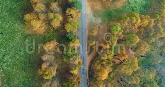 高空俯视，在五彩缤纷的乡村秋林中沿路而下。 秋天的橙，绿，黄红树视频