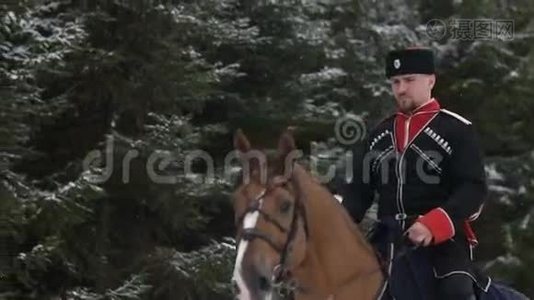 男人骑马骑着一匹棕色的大马，在美丽的雪冬景观中。 男性骑手，优雅大方视频