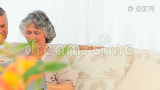 退休夫妇看着他们的笔记本电脑视频