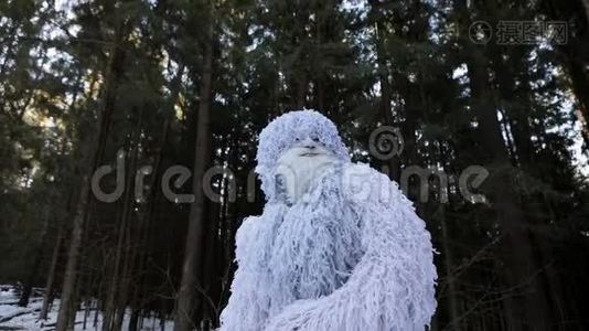 冬林中的雪人童话人物.. 户外幻想慢镜头。视频