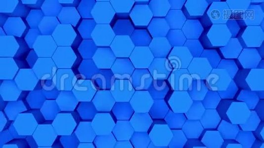抽象深蓝色六边形运动背景.. 3D动画的蓝色六边形上升和下降。视频