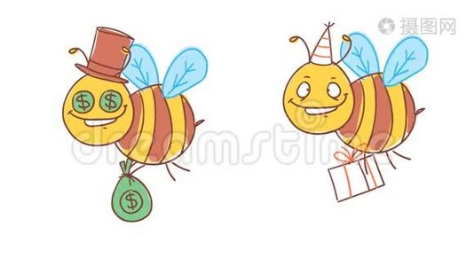 蜜蜂持有金钱和礼物。 有趣的角色。 阿尔法通道视频