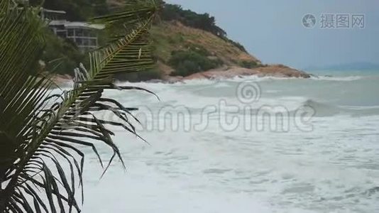 热带海滩，在风暴中，棕榈树在缓慢移动。 1920x1080，高清视频