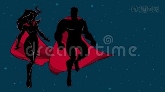 超级英雄夫妇飞在太空剪影视频