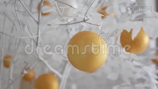 新年装饰白色。 球像橘子放在雪白的树上.. 视频适合背景视频