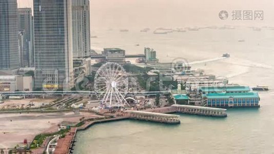 日落香港湾观察轮天台全景4k时间流逝中国视频