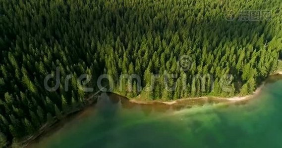 黑山黑湖阳光明媚的夏日，鸟瞰蓝色湖泊和绿色森林视频