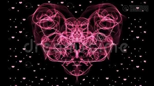 黑色背景上的红色分形心脏和粒子心脏。 幻想爱情符号动画。 婚礼背景，生日视频
