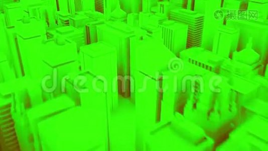 摄像机穿过抽象的绿色城市。 3D动画视频
