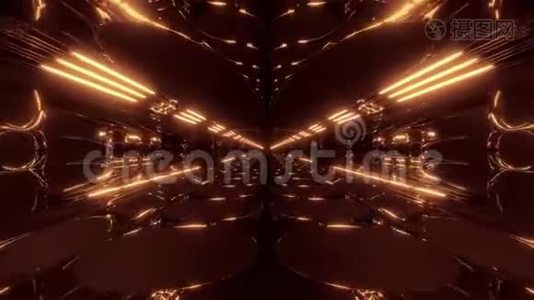 无尽的抽象外星科学隧道走廊与发光灯和反射3d渲染运动背景现场视频