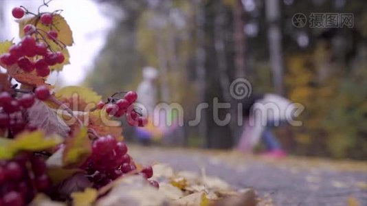 可爱的少女们打着雨伞在秋天的森林里玩耍视频