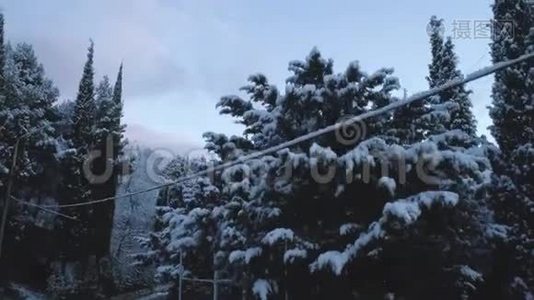 用树木和道路俯瞰雪山景观。 中枪。 雪林中道路的俯视图视频