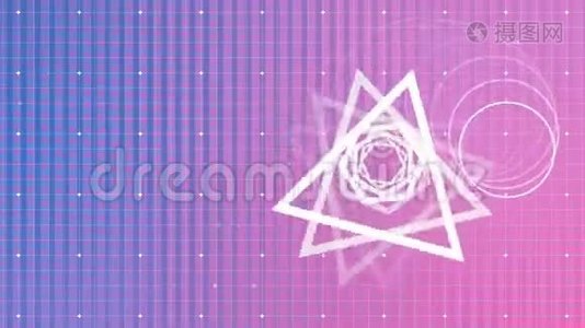 三角形、圆形和六角形在粉红色和紫色网格背景上旋转视频