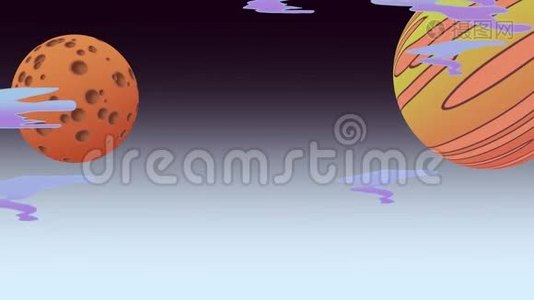 太空中有月亮和行星的卡通动画背景，抽象背景视频