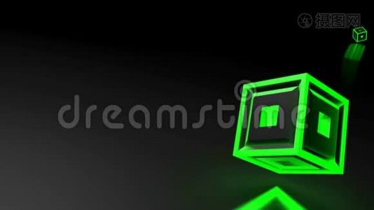 黑色立方体，绿色照明结构，翻转红色表面与白色网格-三维渲染动画视频