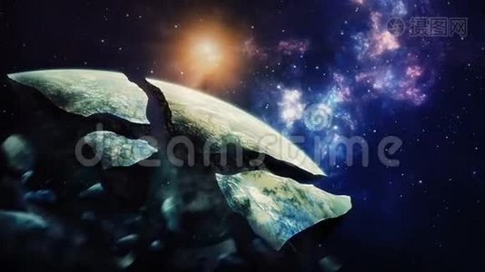 太空场景。 五颜六色的星云和被摧毁的星球。 美国宇航局提供的元素。 3D绘制视频