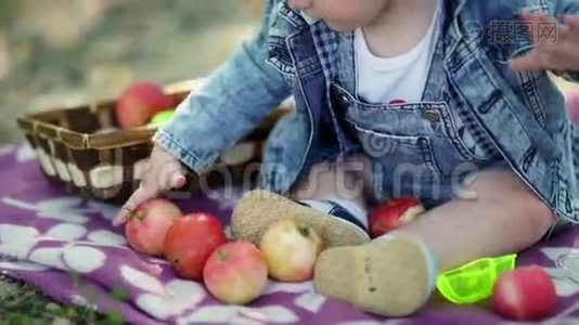 篮子里有苹果。 大自然中快乐的孩子。 穿牛仔套装和帽子的幼儿视频