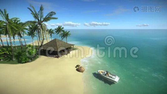 在热带岛屿的房子，3D动画的热带岛屿海岸在平静的一天，假日在热带天堂在O。视频