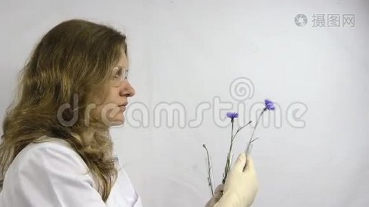研究妇女在装有转基因植物的烧瓶中观察视频