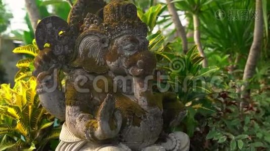 一个热带花园里长满苔藓的甘尼莎神的石像的慢动作稳定镜头视频