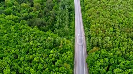 汽车在穿过绿色森林的道路上行驶，空中行驶视频