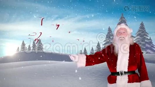 圣诞圣诞老人向白雪枞树林传递圣诞信息视频