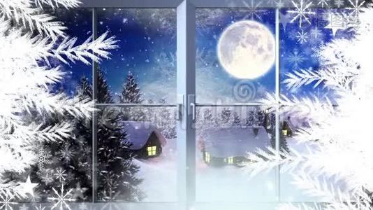 雪花和窗户，圣诞老人和驯鹿在冬天飞翔视频