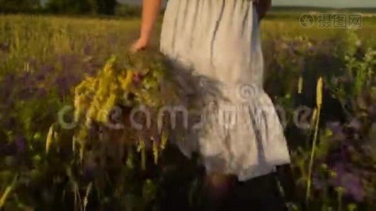 年轻女子带着田野的鲜花漫步。视频