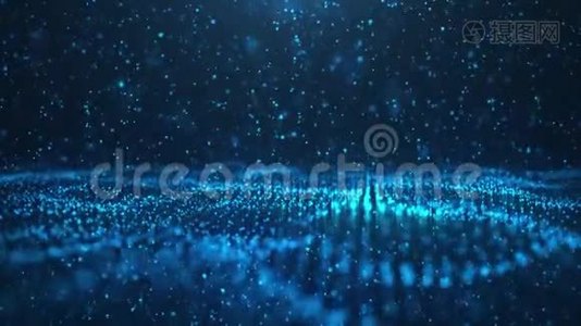 闪光粒子的抽象运动背景。 数字签名与波粒，火花。 美丽的蓝色视频