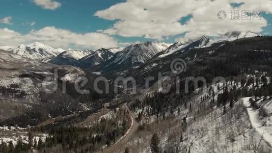 科罗拉多州阿斯彭附近的岩石山脉、森林和雪后道的风景照视频