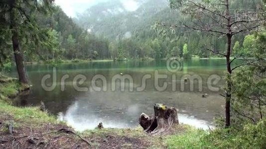 在奥地利纳斯雷思的费尔斯坦塞绿色山湖上下雨。视频