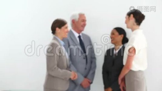 快乐女商人在同事谈话时摆姿势视频