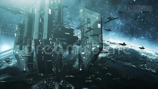 动画舰队未来主义宇宙飞船和令人印象深刻的空间站4K视频